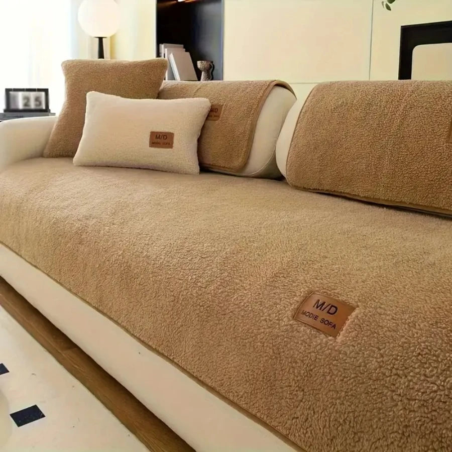Solid Sherpa Anti-Slip Sofa Cover with PU label Decor for Living Room Coush Seat Cover, Universal Sofa Slipcover Furniture Towel