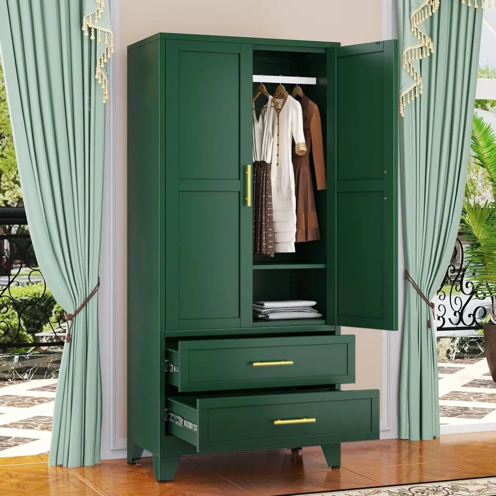 Green Metal Wardrobe Cabinet with Hanging Rod, 2 Doors, Adjustable Shelf, Drawers for Bedroom, Closet, and Storage
