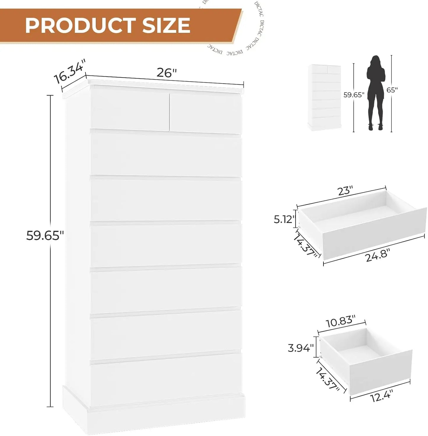 White Tall 8-Drawer Bedroom Dresser 59.6" Modern Wood Closet Organizer Storage Cabinet Large Vertical Hallway, Customized