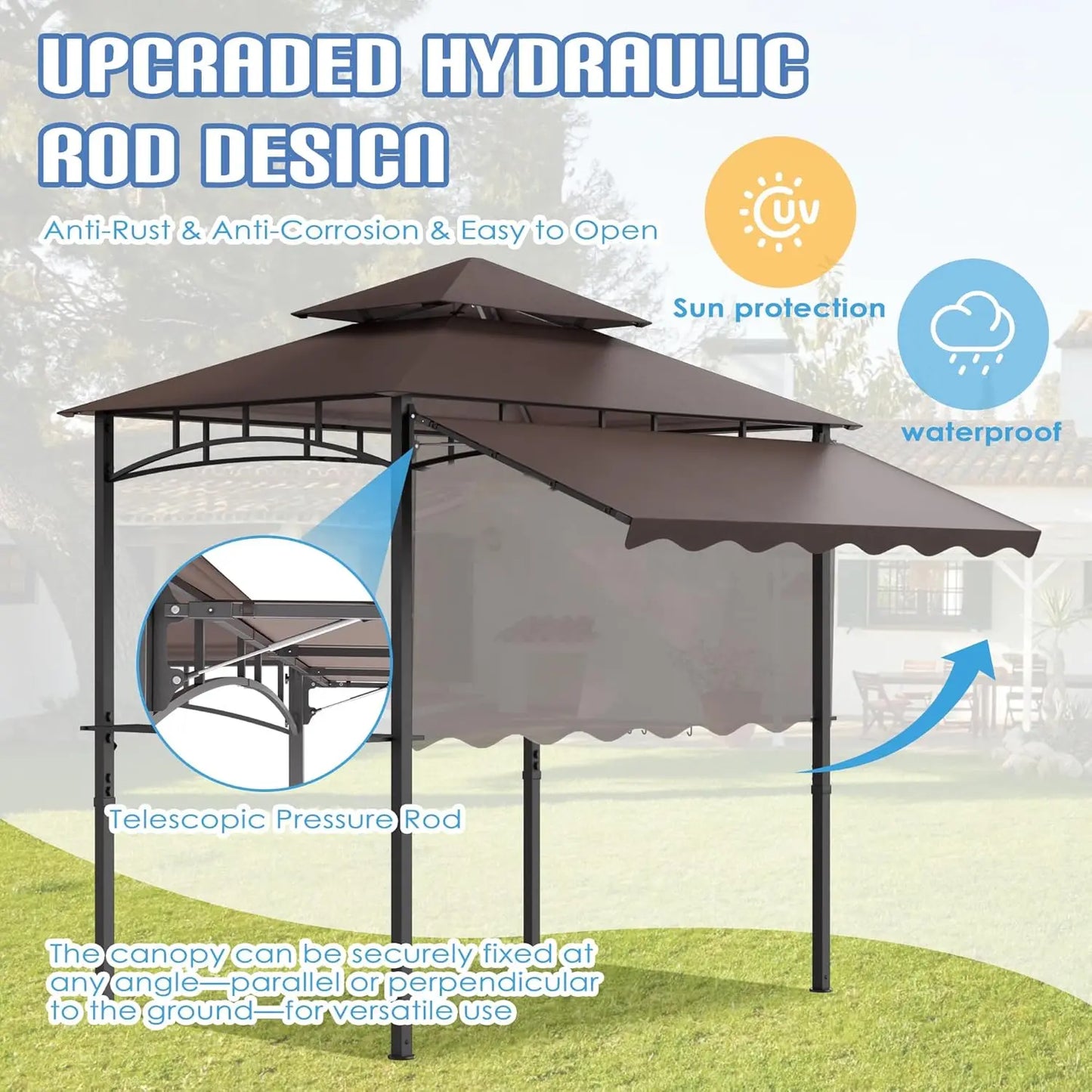 8x8x5 FT BBQ Grill Gazebo Outdoor, Double Tired Patio Canopy Tent with Side Awning Shelves, Barbecue Shelter with, Customized