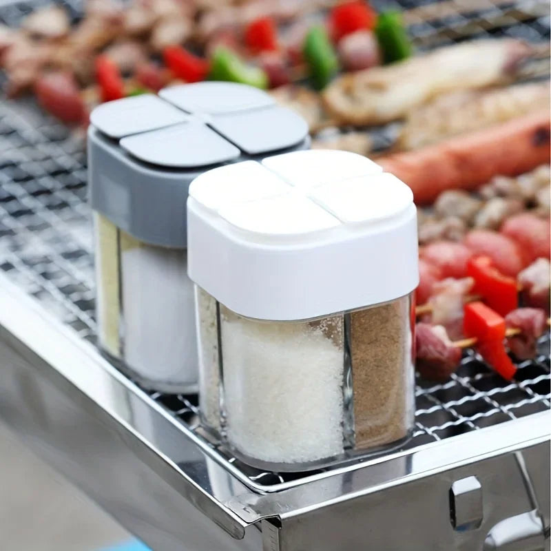 4in1 Camping Spice Shaker Multifunctional Spice Pot with Lid 4 Compartments for Outdoor BBQ Cooking Salt Pepper Storage Box