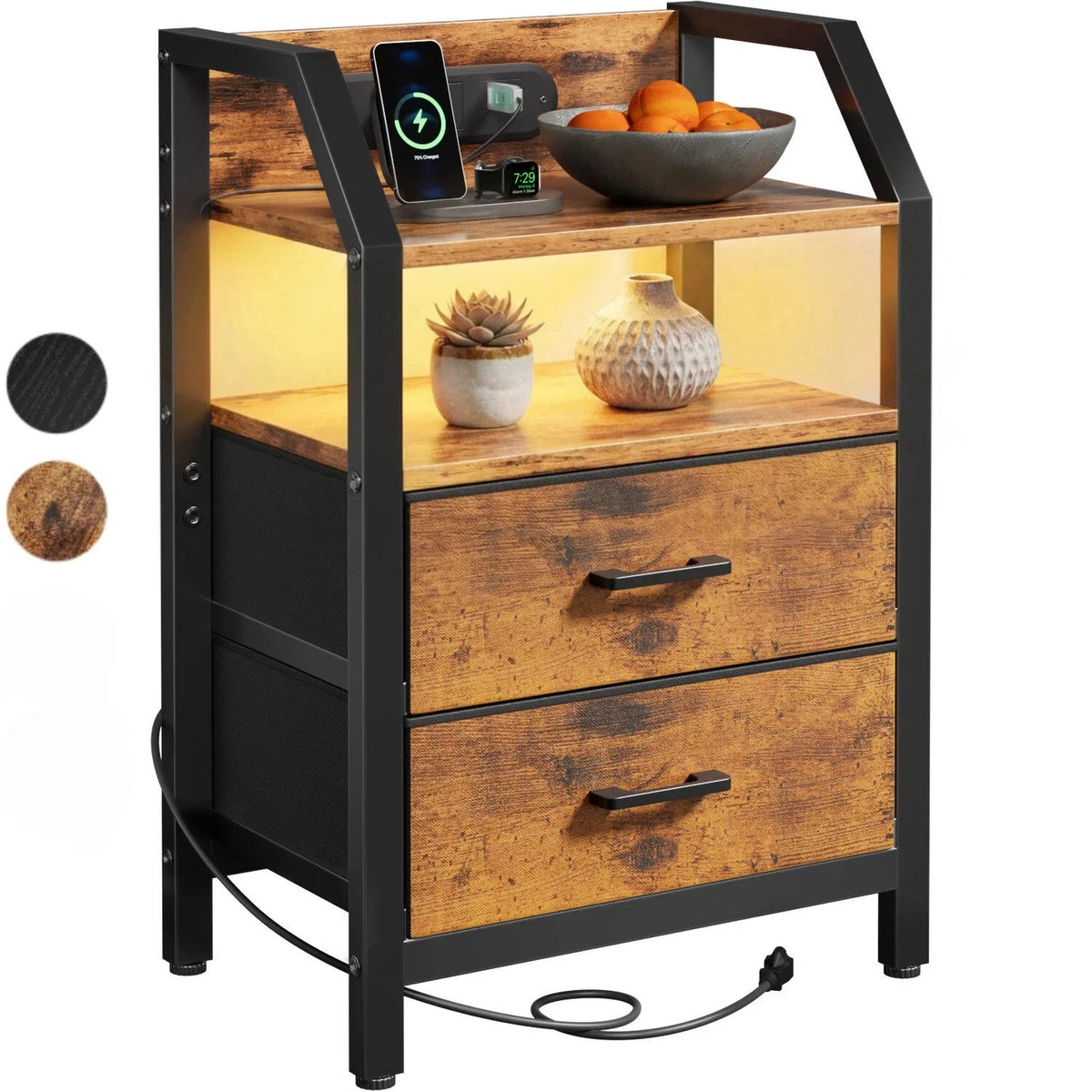 Frodrovia Nightstand With LED Light Charging Station And Drawers