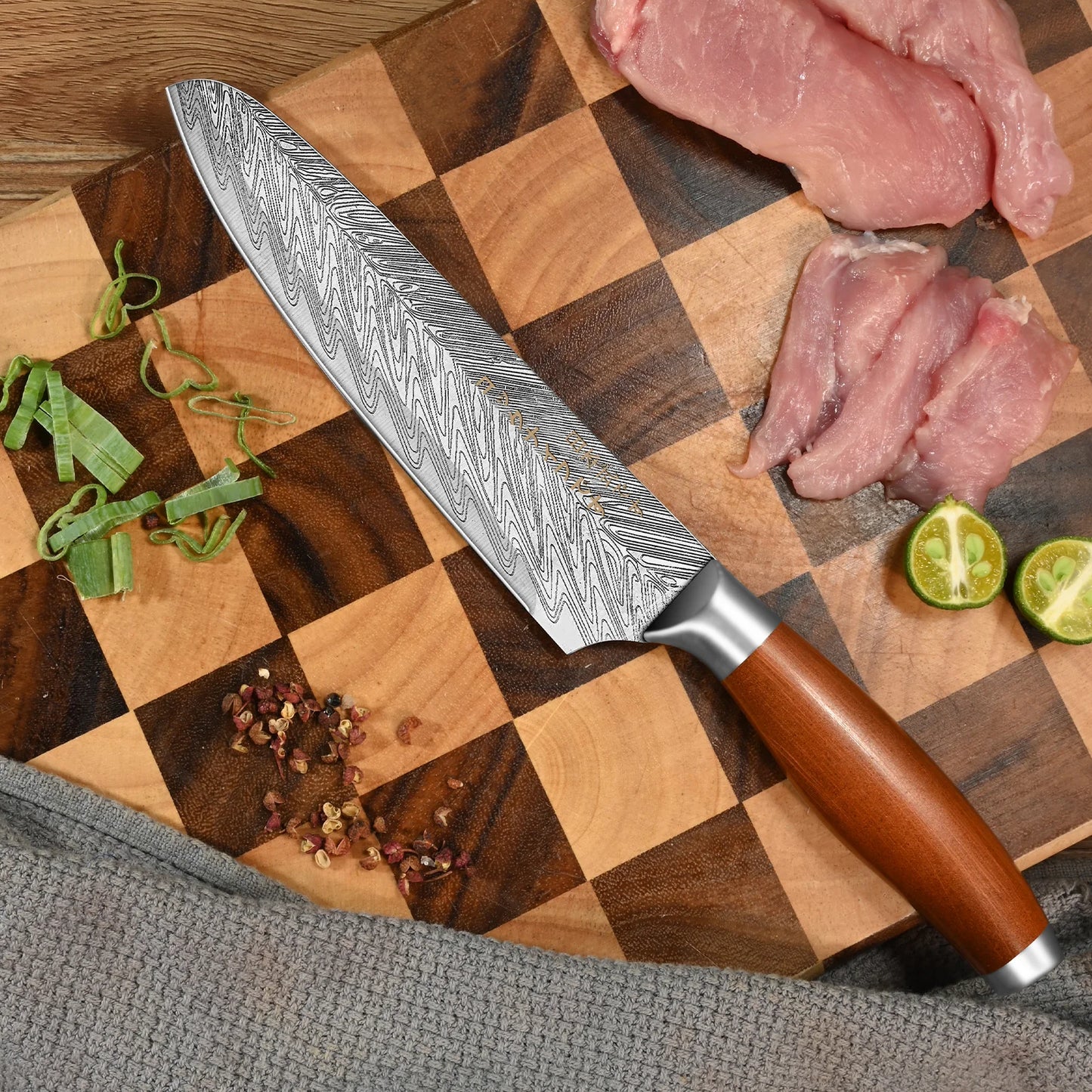 3-Piece Japanese Professional Kitchen Knife Set - Damascus Steel Pattern Chef Knife Utility Knife Meat Cleaver Boning Knife