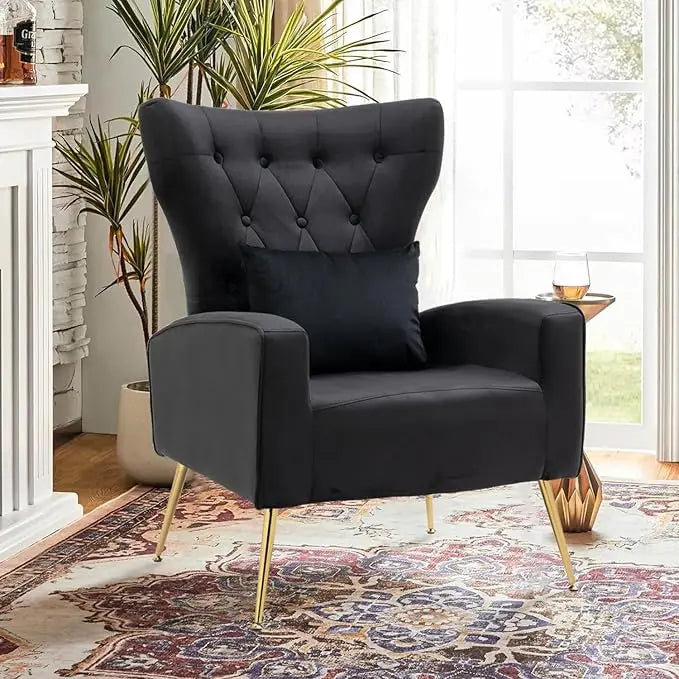 Velvet Accent Arm Chair, Mid-Century Modern Living Room Chair, Wingback Bedroom Side Chair with Gold Legs & Pillow，Customized