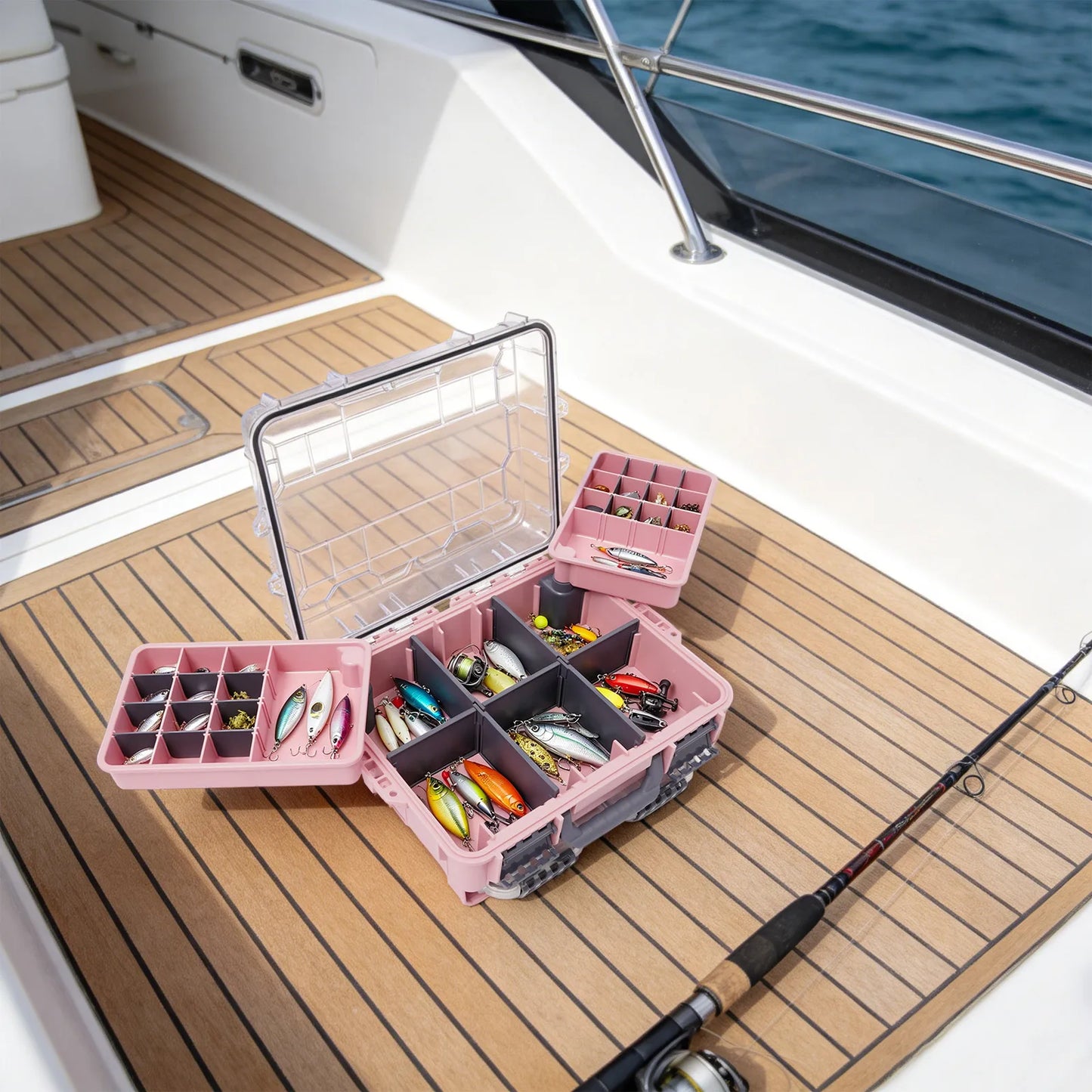 Fishing Tackle Box Small Tackle Storage Box Large Capacity Pink Multi-layer Organizer Removable Slots DIY Tray Portable Lure Bait Hook Line Container Double Lock Secure Thickened PP Waterproof Durable Outdoor Case for Fishing