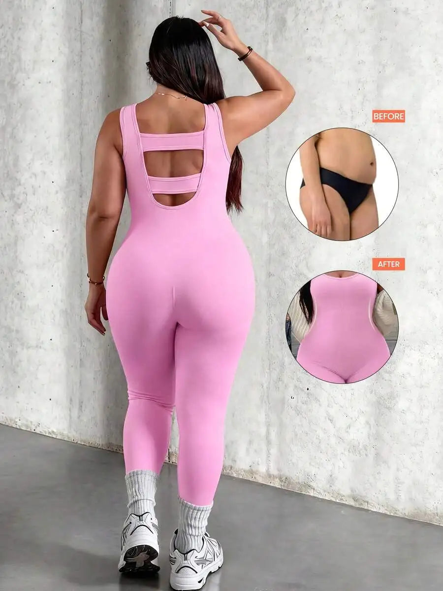 Rhythm Era 1pc Plus Size Black Backless Jumpsuit, Comfortable Stretchy Seamless Knit Yoga & Fitness Activewear