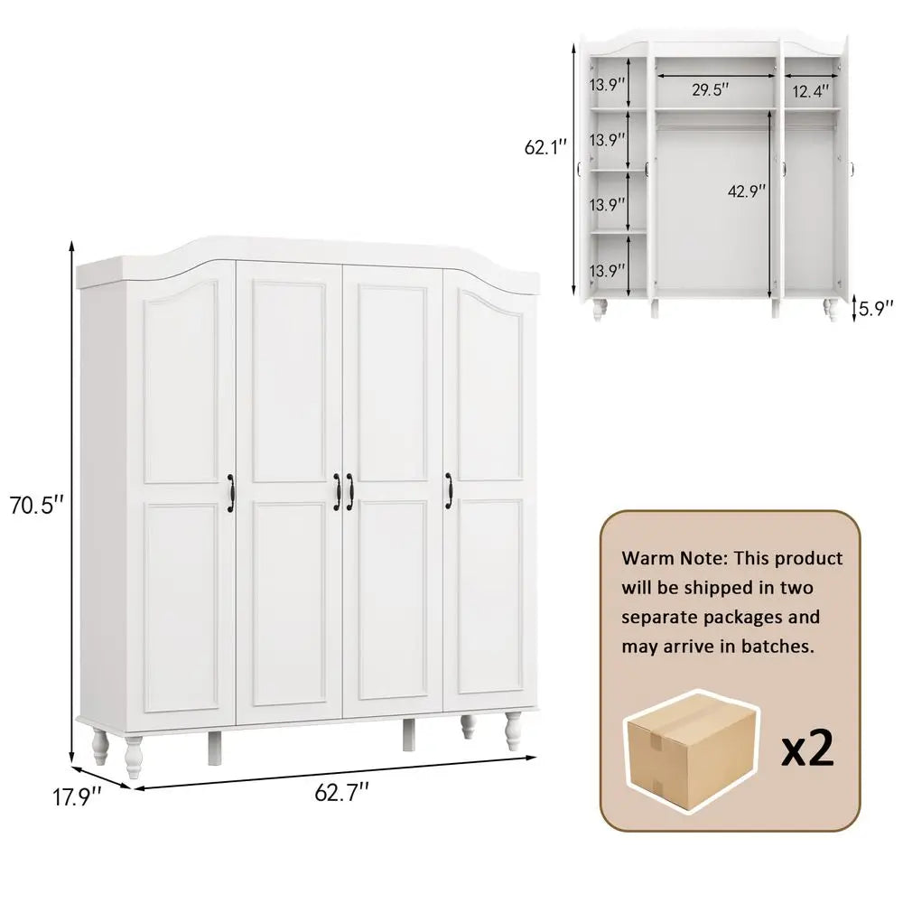Armoire Wardrobe Closet with 4 Doors, 71 H Wooden Large Capacity Wardrobe Cabinet with 2 Hanging Rods and 8 Shelves, Freestandi