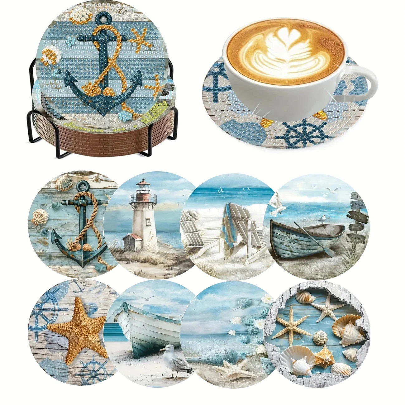 8 pieces/set of dog, beach, lighthouse pattern diamond painted coaster set, sparkling rhinestone heat-resistant beverage mat wit