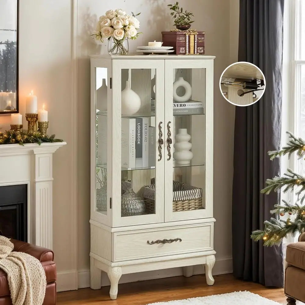 3-Tier Antique White Curio Cabinet with Lighted Glass Shelves and Acrylic Panel