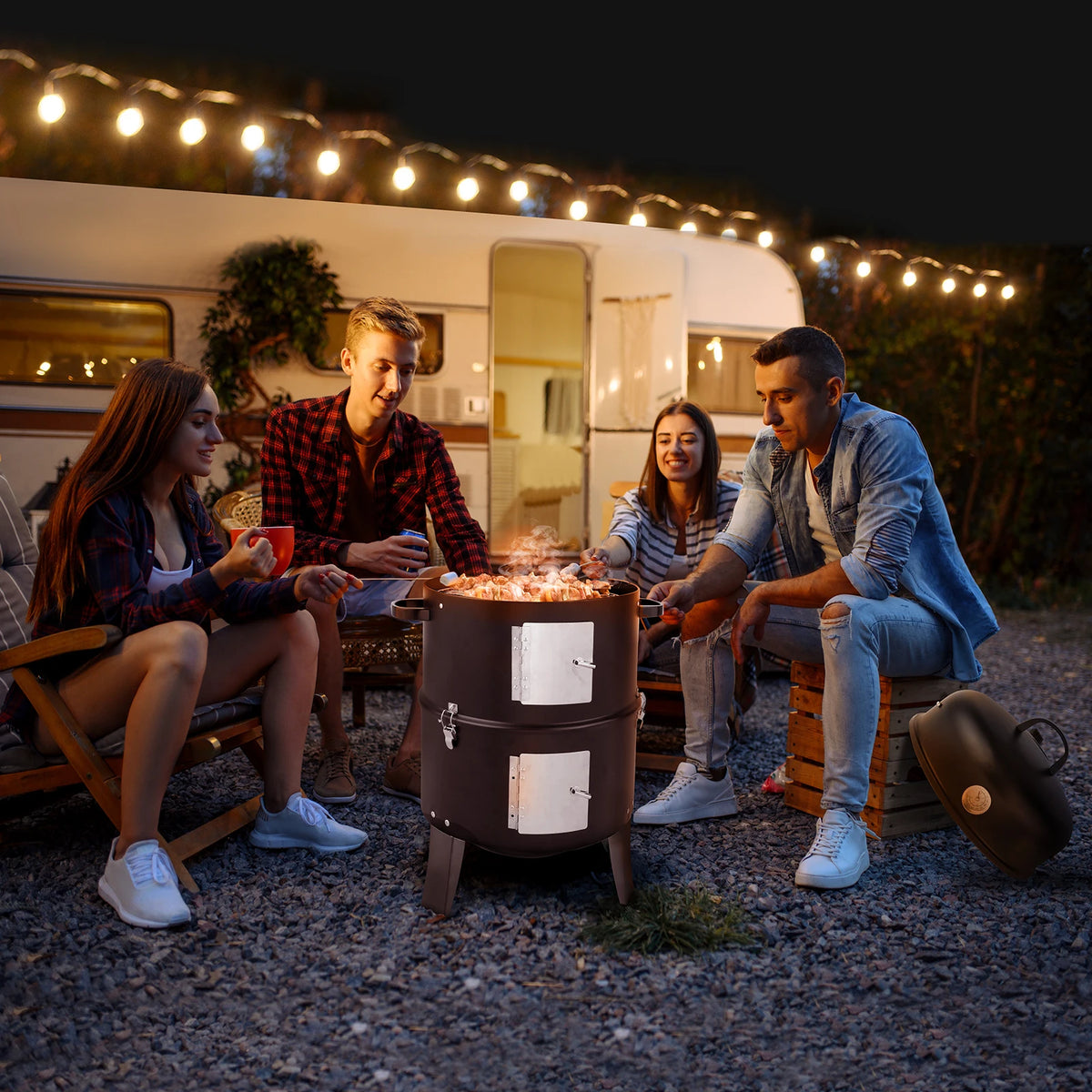 Vertical Steel Charcoal Smoker Heavy Duty Double Layer Round BBQ Grill for Outdoor Cooking Black with Thermometer Chrome Grates