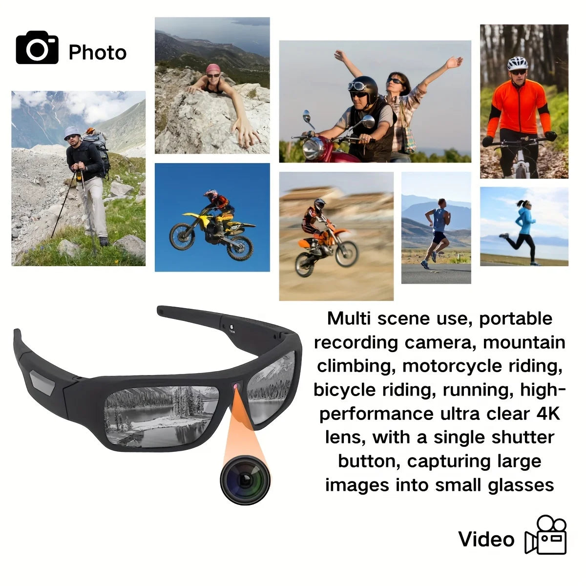 4K 64GB HD FPV Smart Glasses Camera Video Recording Mini Wireless Bodycam Vlogging POV Action Sports Motorcycle Cycling