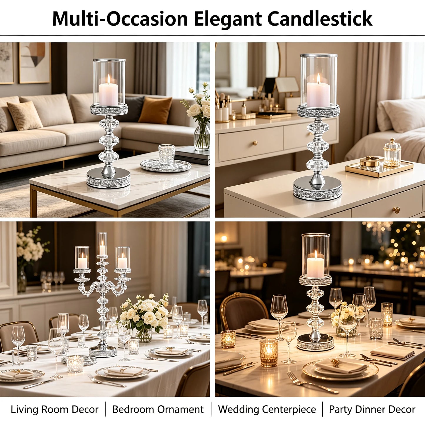 Crystal Candle Holder with Windproof Glass Cover, Hexagon Crystal Ball Candlestick with Anti-Tip Magnet Base, Tabletop Centerpiece Decor for Home Wedding Party, Silver/Clear