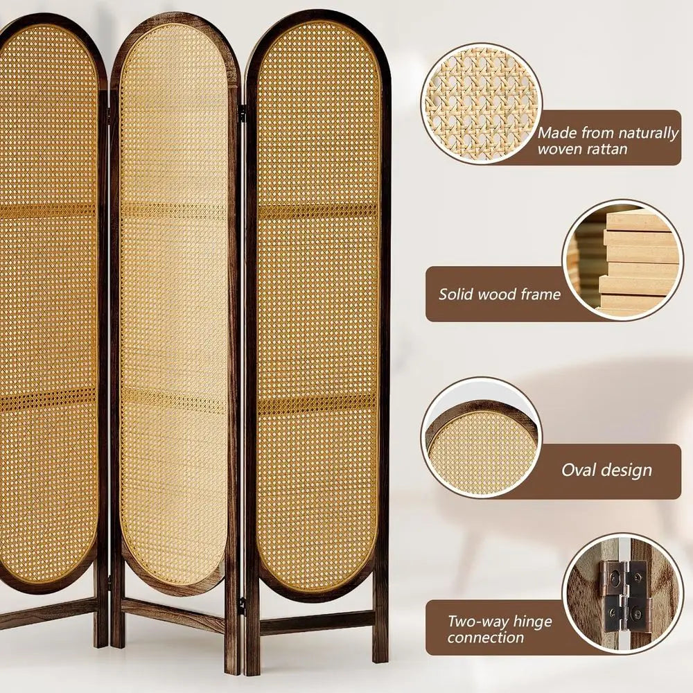 6-Panel Rattan Room Divider, Hand-Woven Privacy Screen, Wood Partition for Home or Office, Brown