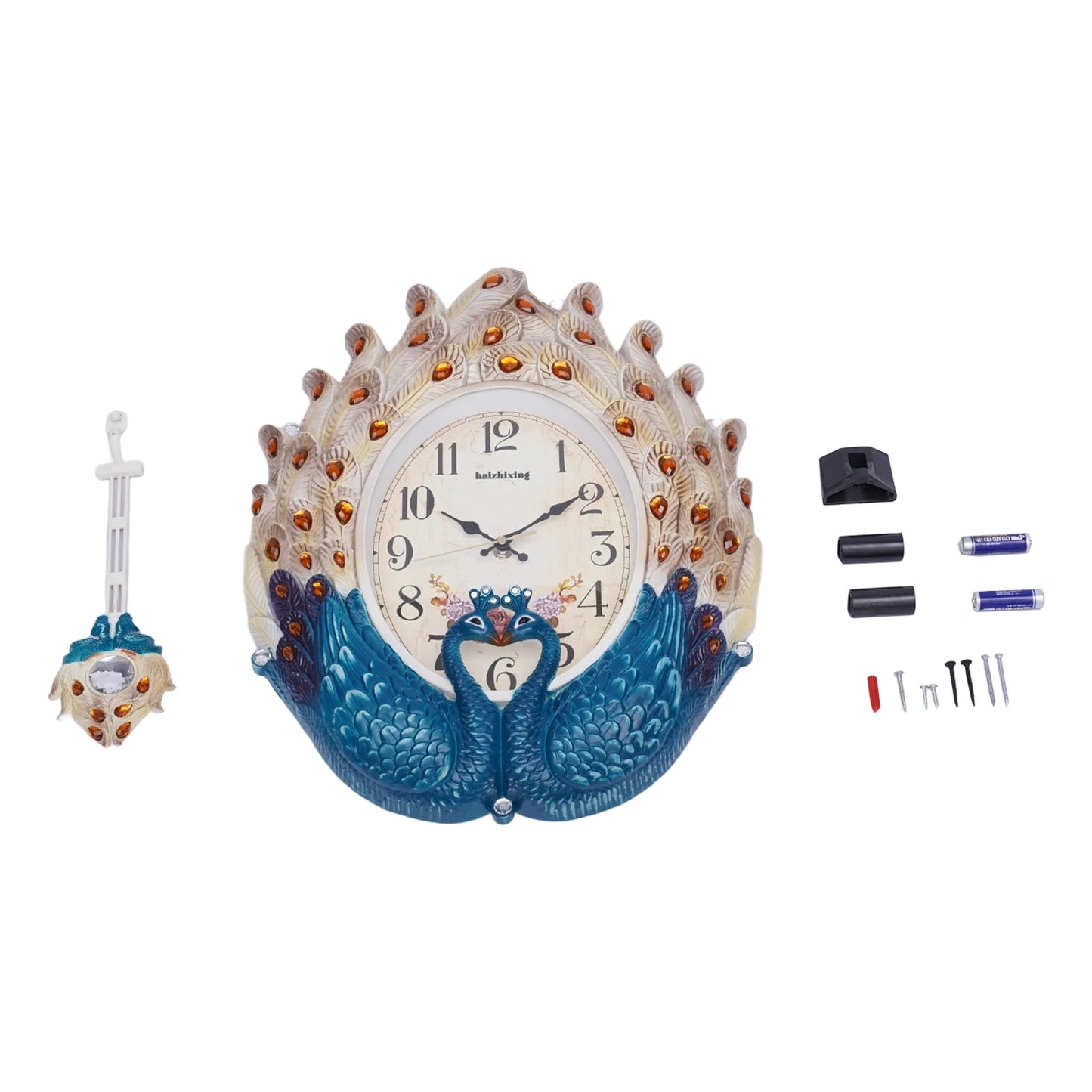 Blue Peacock Wall Clock,Silent Wall-mounted Metal Pendulum Clock 37*60cm with Luxury Crystal for Living Room,Hallways