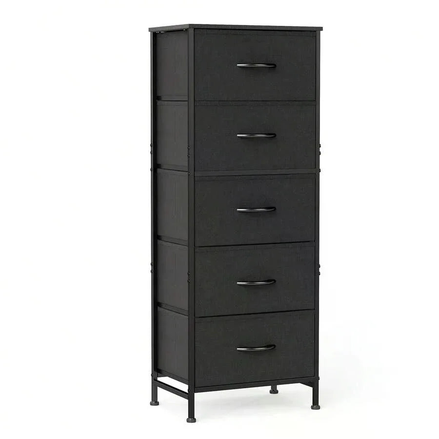 Sweetcrispy 5 Drawer Dresser With Fabric Bins, Sturdy Steel Frame And Wood Top, Storage Organizer Chest For Bedroom, Closet, Hallway, Black