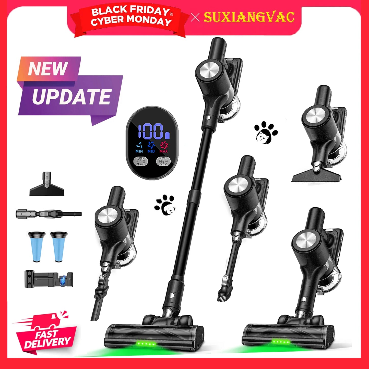 Cordless Vacuum Cleaner, 50Kpa/55min Self-Standing Powerful Stick Lightweight Vacuum Cleaner for Home Pet Hair/Hard Floor/Carpet