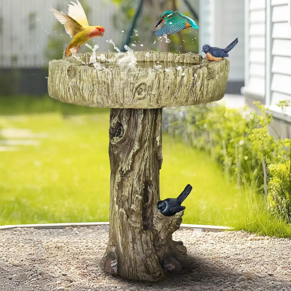 SunJet 24.4 Inch Heigh Wood-Concrete Bird Bath with Decorative aux Bird – birdbath Rustic & Long-Lasting Design, Enhances Garden