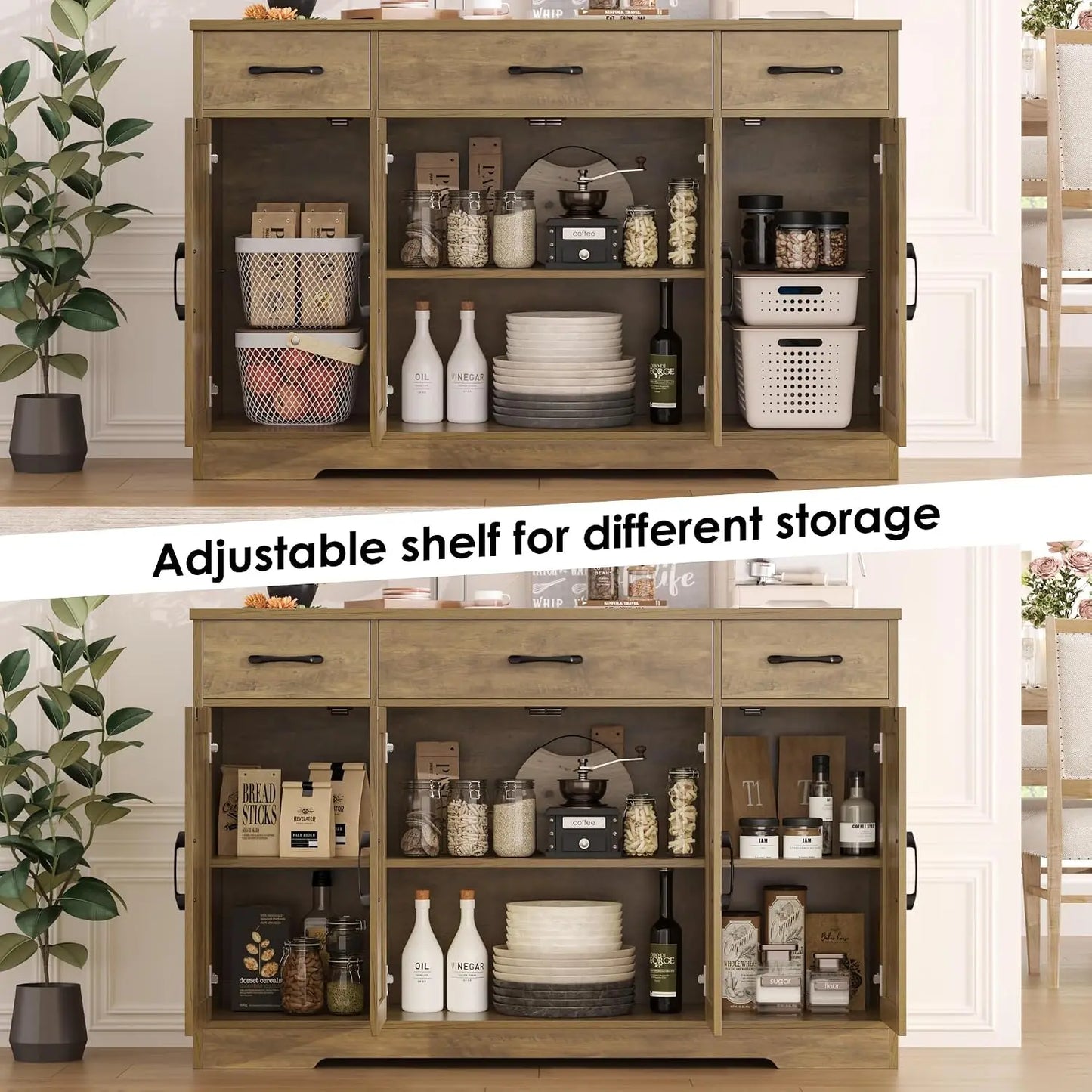 HOSTACK Kitchen Buffet Cabinet with Doors & Drawers, 55"W Farmhouse Sideboard, Adjustable Shelves