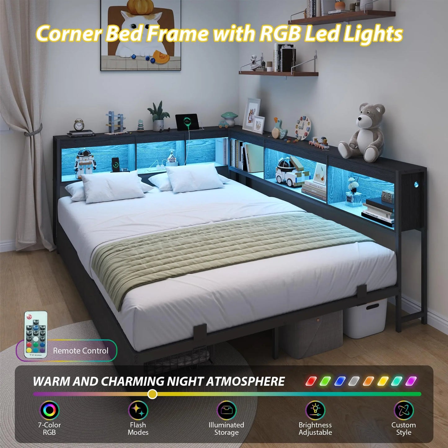 Twin/Full Corner Bed Frame With Bookcase Headboard, RGB LED Lights, 2 Drawers, Charging Station, Reversible, 2 AC 2 USB Ports