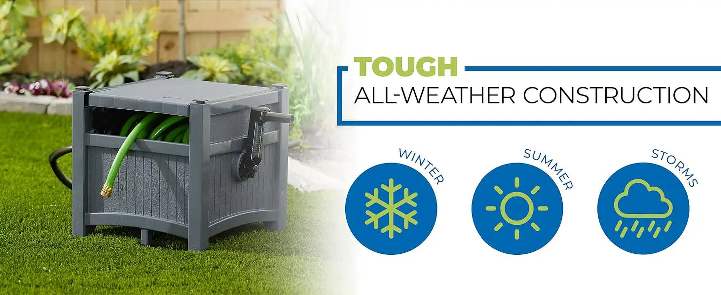 Suncast Cyberspace Grey Garden Hose Storage Reel Box Resin Outdoor Container Holds 100FT 5/8 Inch Water Line No Assembly Require