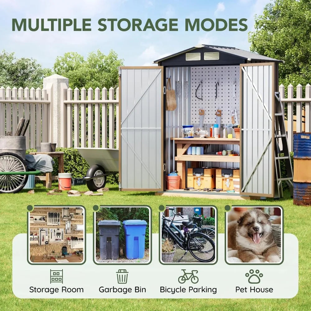 5x3 FT Outdoor Metal Storage Shed, Double Door, 1 Clear Window, Tool Shed for Garden, Patio, Backyard Brown, Customized