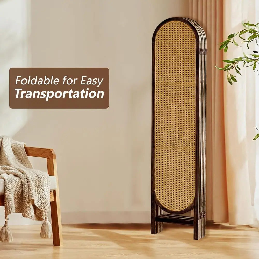 6-Panel Rattan Room Divider, Hand-Woven Privacy Screen, Wood Partition for Home or Office, Brown