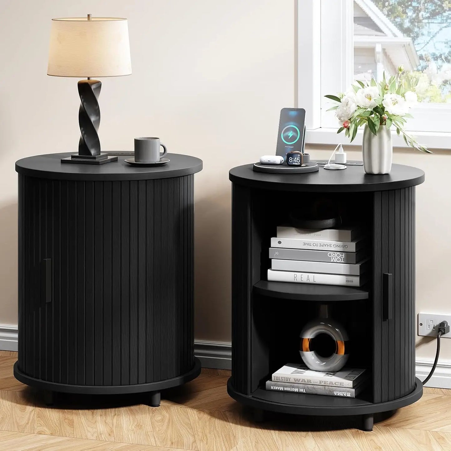 Fluted Round End Table, Mid Century Bedside Table, Modern Nightstands Set Of 2 For Living Room, Bedroom, Entryway