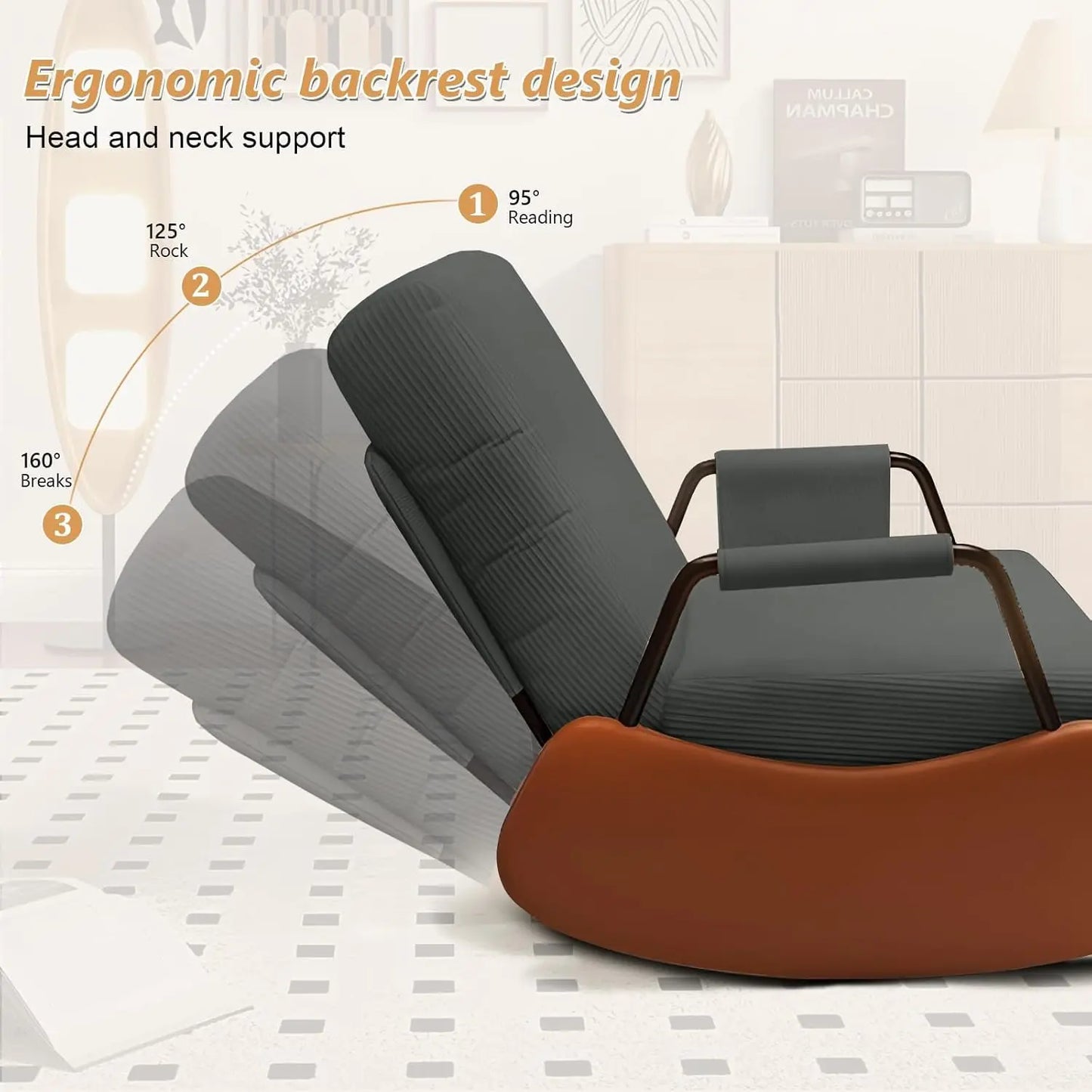 Rocking Chair Nursery, Upholstered Glider Rocking Chair with Side Pocket and Adjustable High Backrest, Foldable, Customized