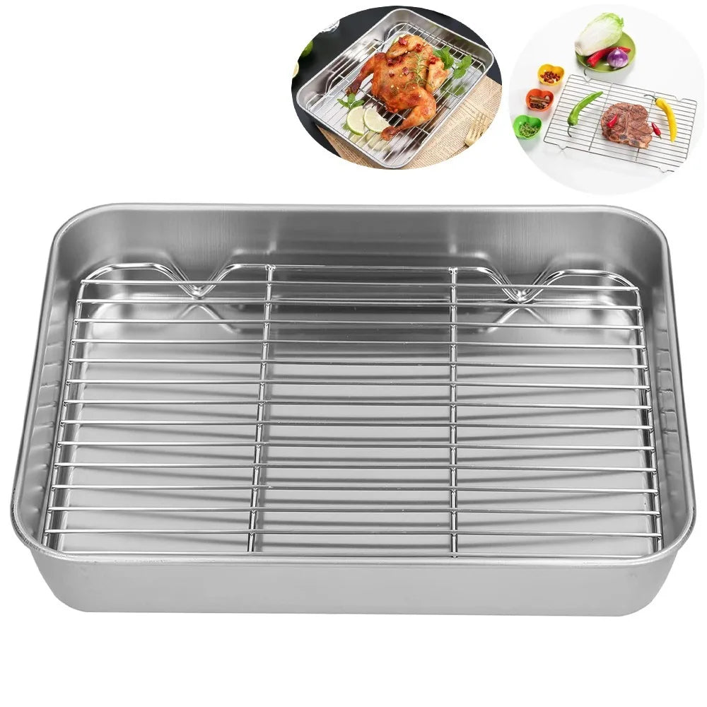 Stainless Steel Baking Tray Set with Grill 304 Stainless Steel Rectangular Cooling Rack Grilling Tools BBQ Safe Small Grill