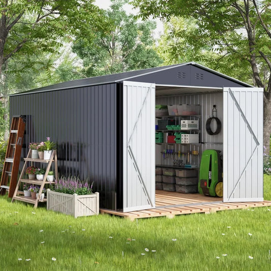 8 x 12 FT Outdoor Storage Shed, Large Metal Tool Shed Grey