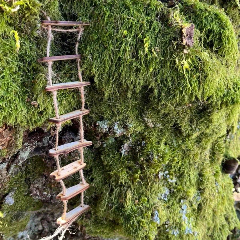 Wooden Fairy Bridge Rope Ladder, Miniature Fairy Garden Decor for Home Courtyard & Mini Landscape, Photography Prop Accessory