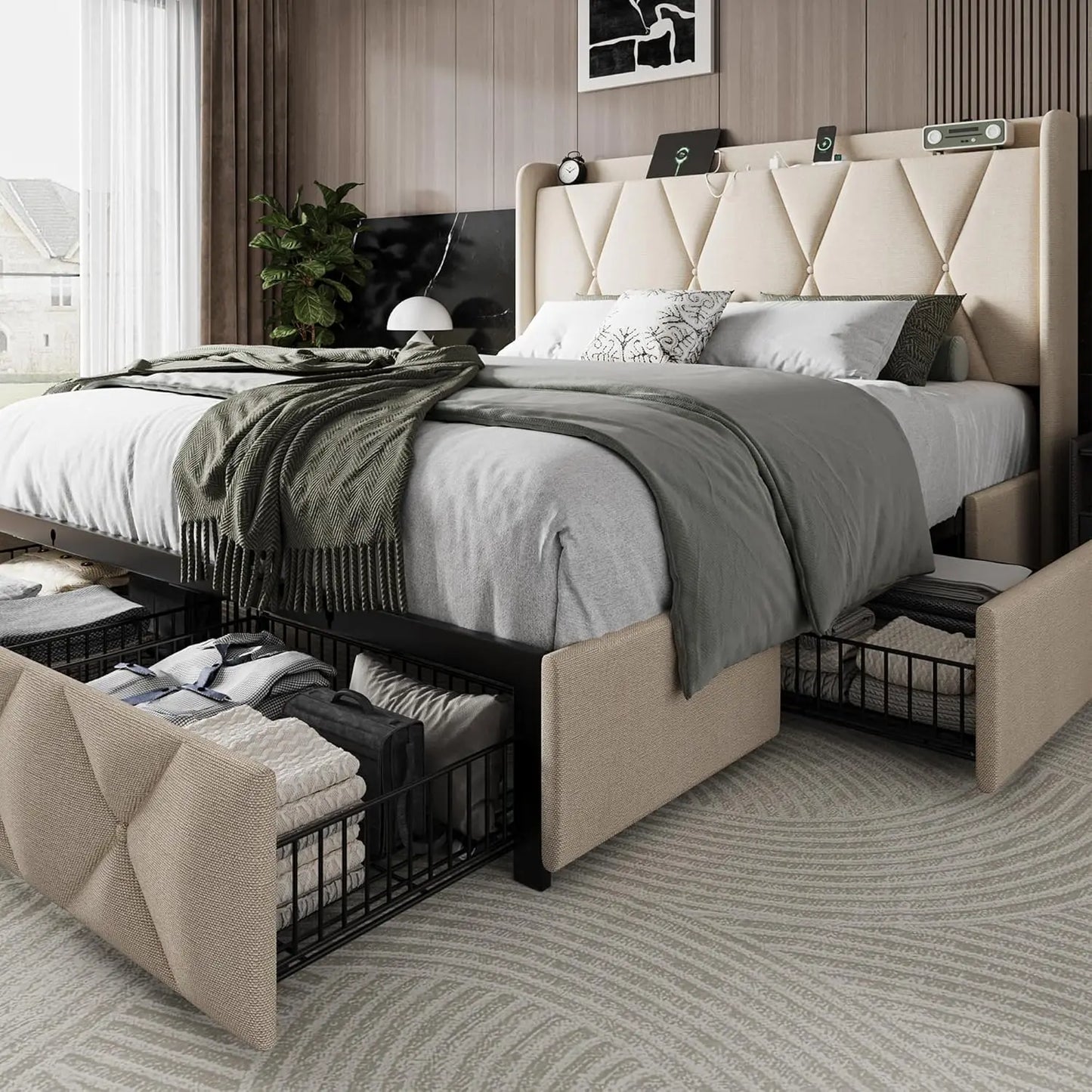 Bed Frame with 4 Storage Drawers and Charging Station Upholstered Platform Bed Frame with Storage Headboard No Box Spring Needed