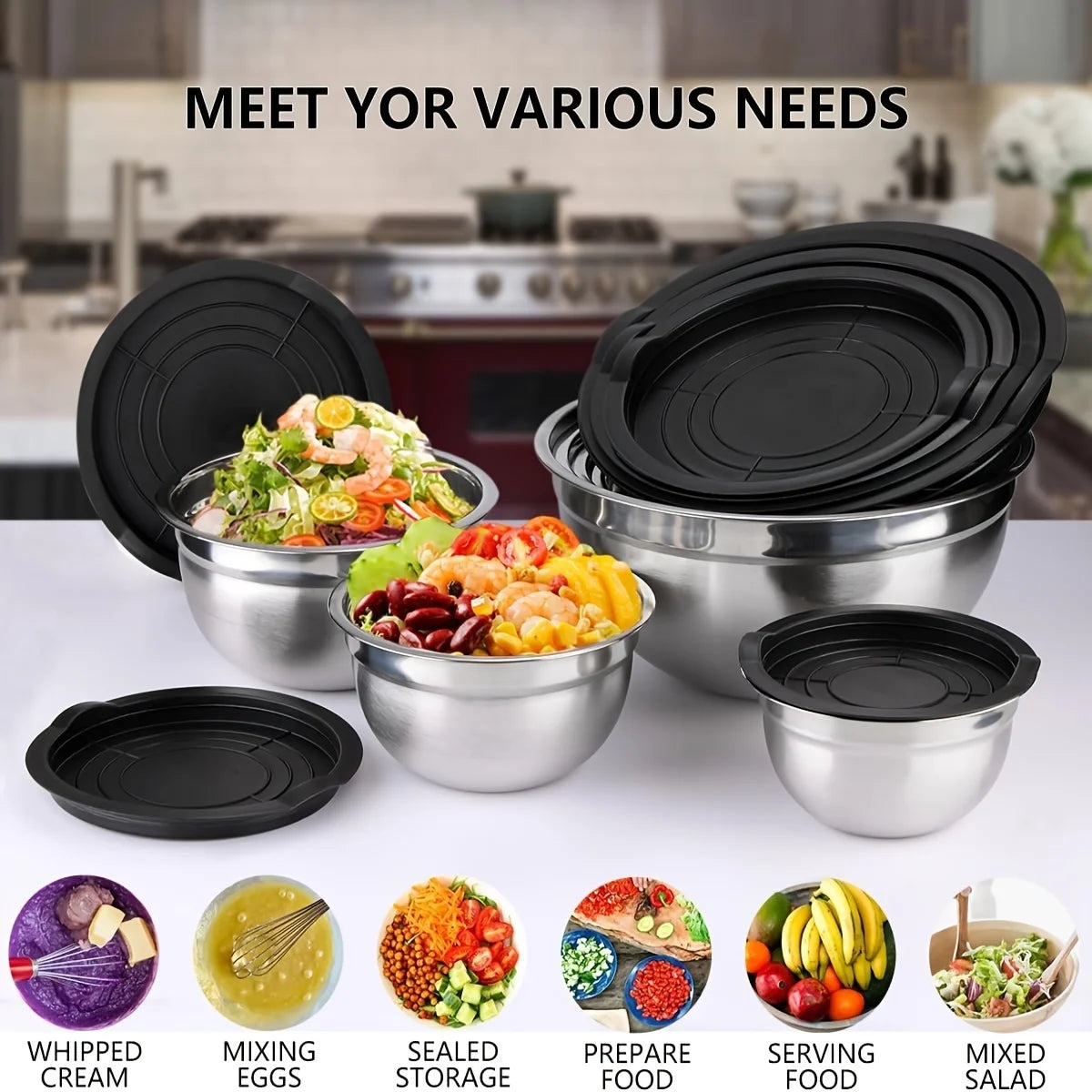 7PC Food Grade Stainless Steel Mixing Bowls Set,Kitchen Bowl, Salad Bowl, Metal Mixing Bowl,Nesting Stackable Deep Basin with Sealed Lid,BPA Free Dishwasher Safe for Cooking Prep,Fruit Washing, Marinating, Salad Making,Food S