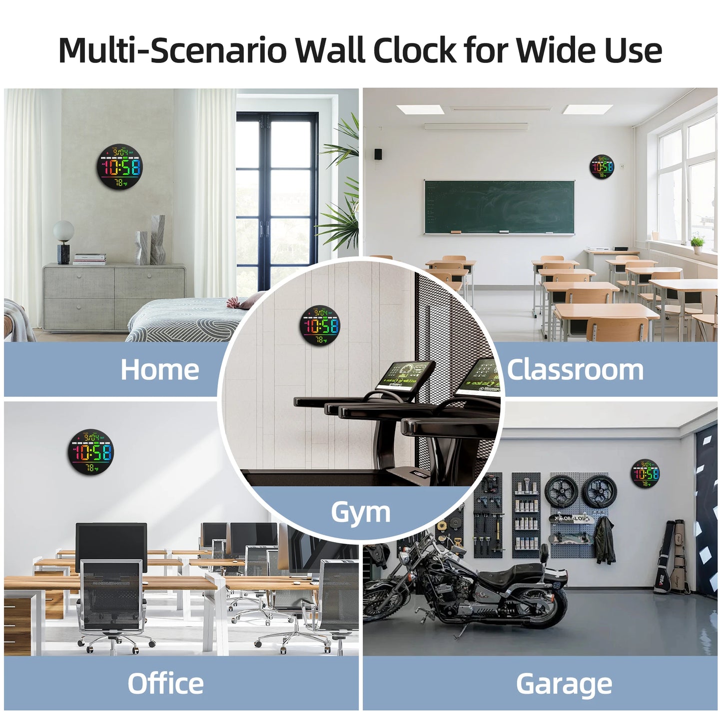 8‘’LED Wall Clockwith Timer,Temperature,Date,Night Light,RGB Color,Alarm,5-Level BrightnessDigital Clock for Classroom,Bedroom