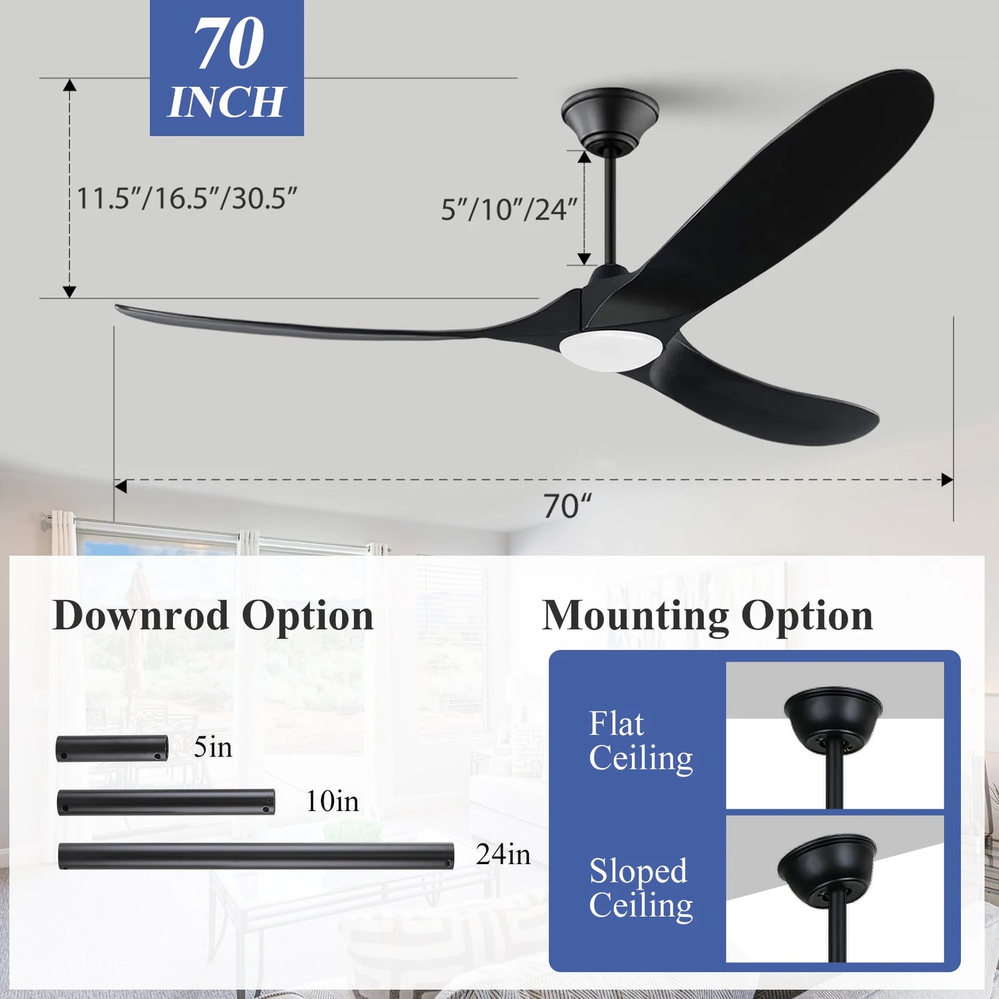 52/60/70-inch Ceiling Fan with Light and Remote 3 Wood Blades High CFM Dimmable LED Noiseless Reversible DC Fans for Bedroom