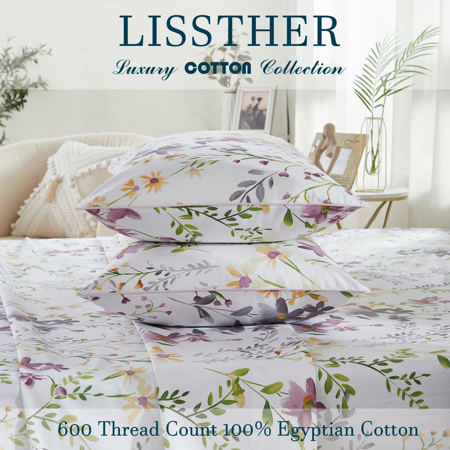 4pcs 600 TC 100% Egyptian Cotton Fitted Sheet Set (Without Core), Fresh Pinky Spring Botanical Pattern, Soft And Skin-friendly