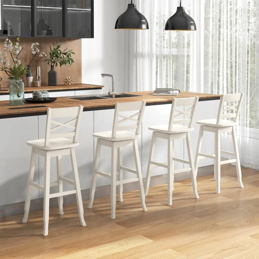 30 Inch Bar Height Stool Set of 4 Rubber Wood Swivel Bar Stool with Inclined Backrest Curved Seat and Footrest