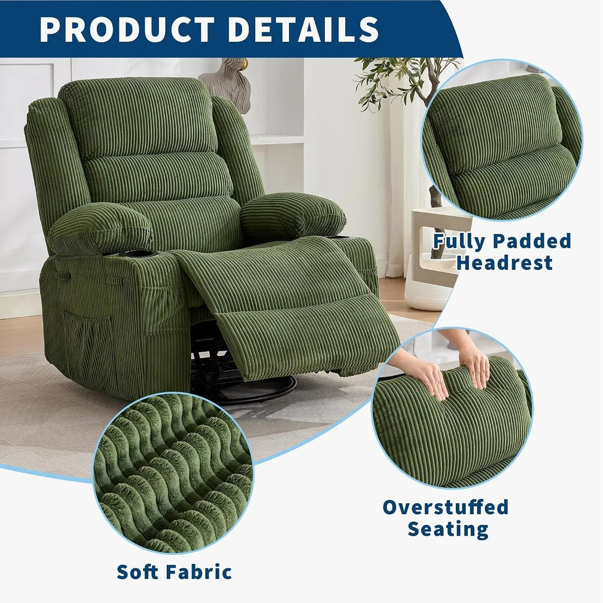 Modern Swivel Rocker Recliner Chair With Adjustable Headrest