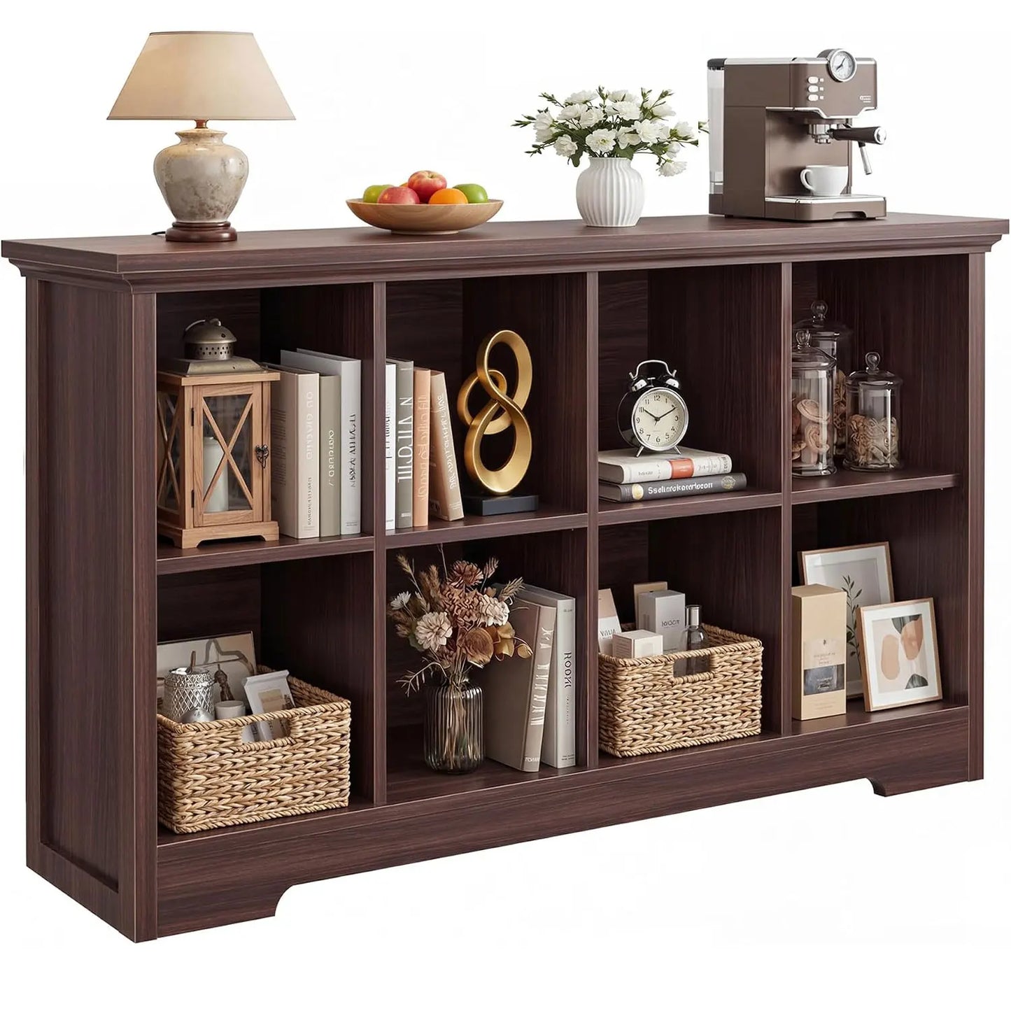 Aheaplus 8‑Cube Storage Organizer with Charging Ports, Modern Bookshelf with 2 AC Outlets & 3 USB Ports, Heavy‑Duty Floor Standing Display Shelf, Open Cubbies Bookcase for Home Office, Living Room – Black Walnut