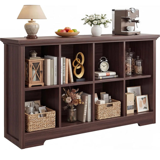 Aheaplus 8‑Cube Storage Organizer with Charging Ports, Modern Bookshelf with 2 AC Outlets & 3 USB Ports, Heavy‑Duty Floor Standing Display Shelf, Open Cubbies Bookcase for Home Office, Living Room – Black Walnut