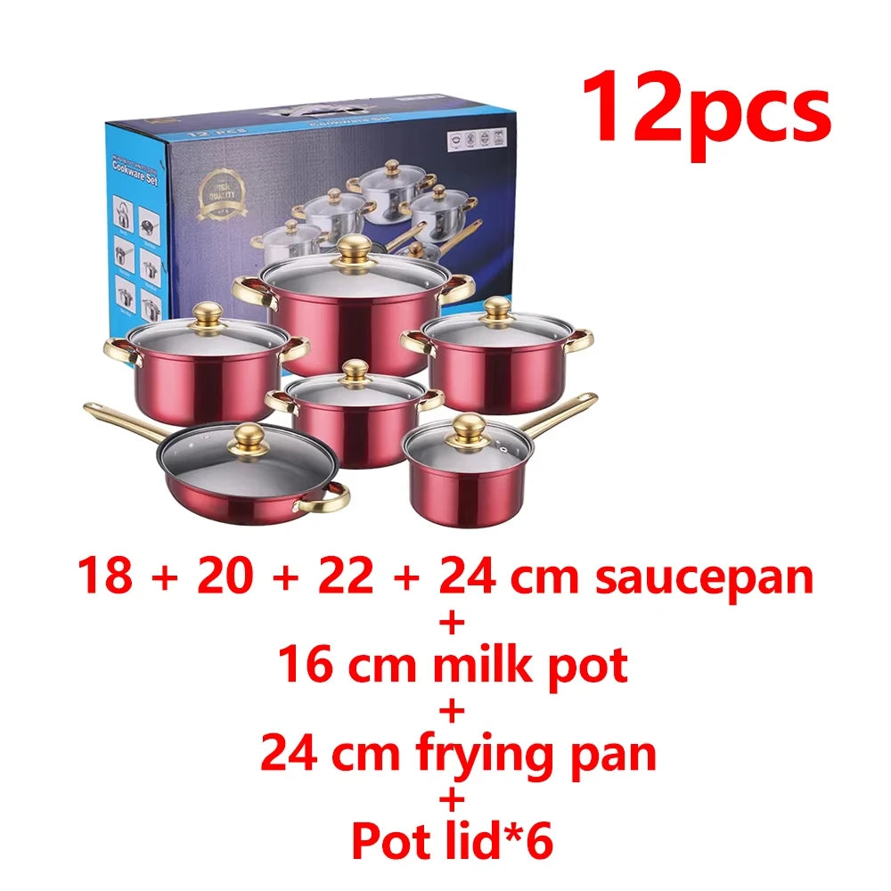 12PCS Stainless Steel Colored Cookware Set Milk Pot Pan Frying Pot Kitchenware Non-stick Pan Gold-plated Handle Soup Pot