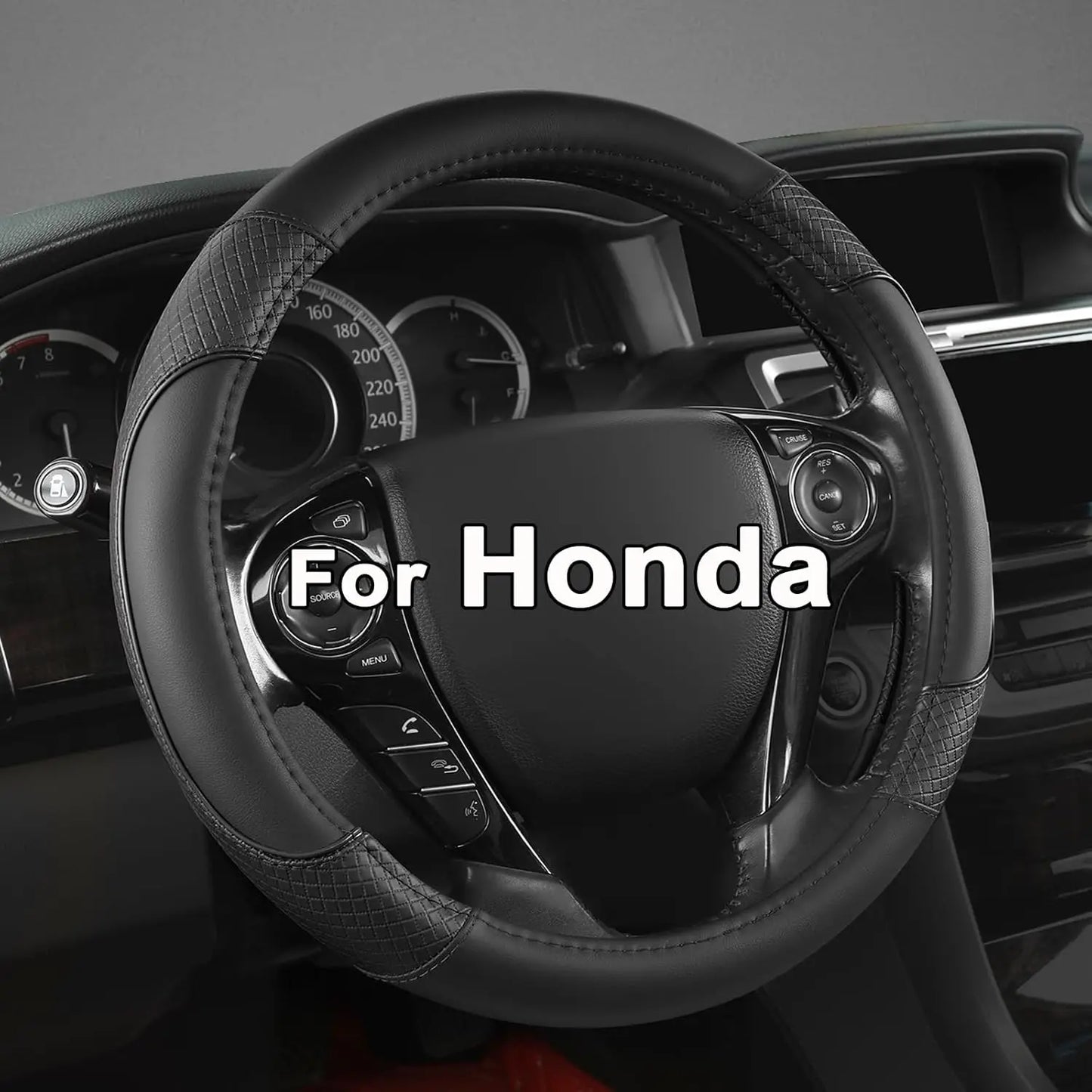 Diamond-Pattern Microfiber Leather Steering Wheel Cover for Honda Accord, Civic, CR-V, HR-V, Pilot - Black Standard Size