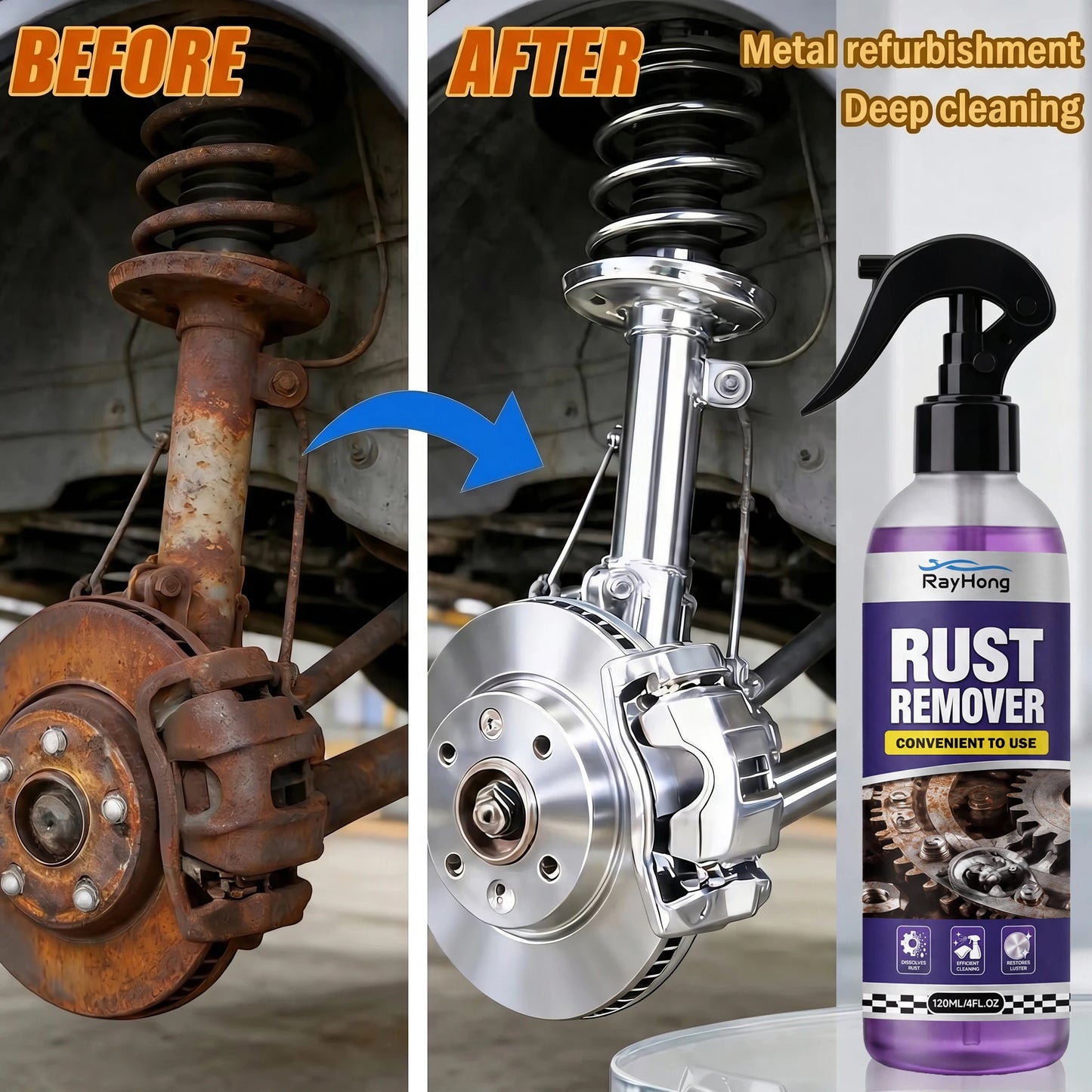 Multifunctional car rust remover used for removing rust providing surface protection on car brake pads iron metal surface