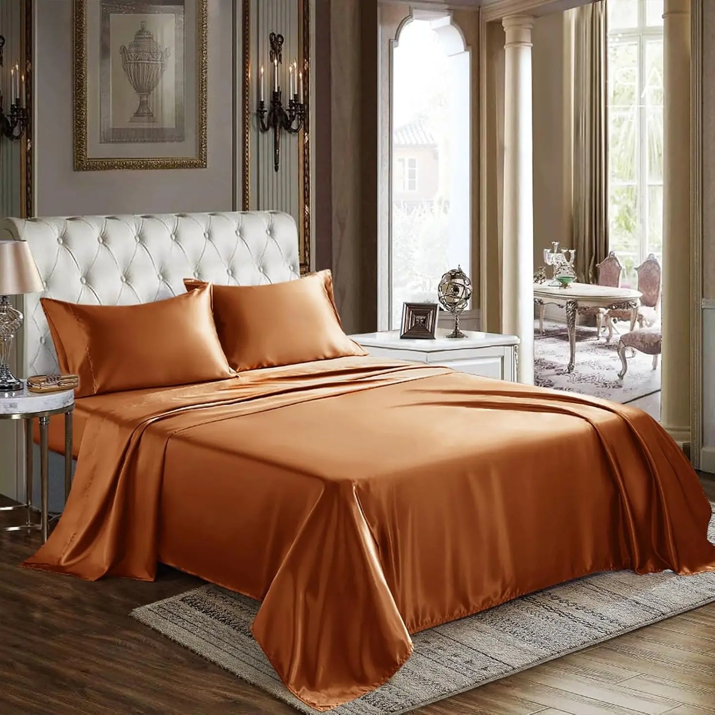 Satin Sheets Queen Size 4 Piece Bed Sheet Set with Silky Deep Pocket Fitted Sheet Flat Sheet and 2 Pillowcases
