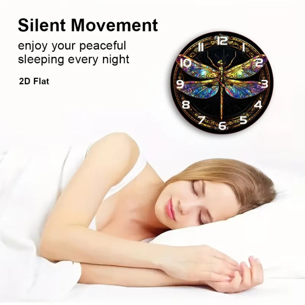1pc 12-inch Stained Glass Dragonfly Wall Clock - Silent Non-Ticking Battery- Nursery Decor with Wood Frame, Pastel Colors Suitab