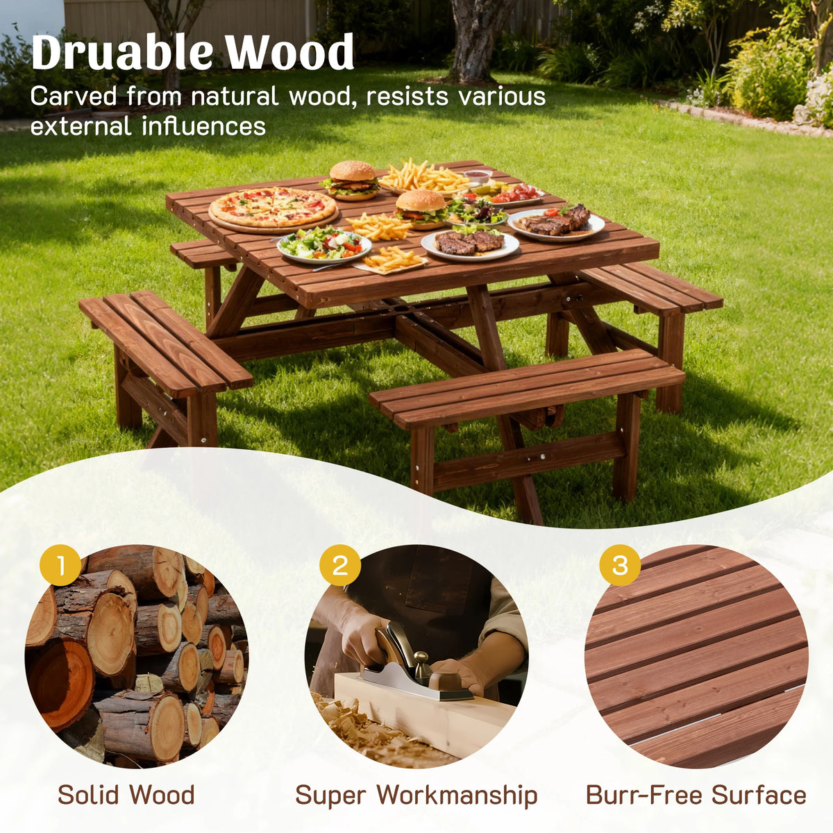 8 Person Square Picnic Table Umbrella Hole Waterproof Reinforced Structure Easy Clean Outdoor Dining Set Backyard Garden Camping