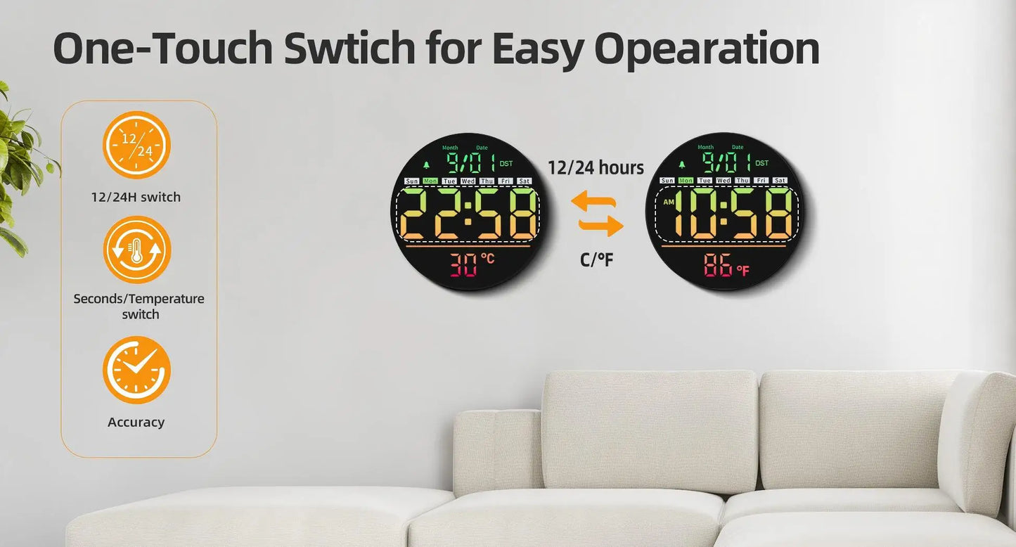 8‘’LED Wall Clockwith Timer,Temperature,Date,Night Light,RGB Color,Alarm,5-Level BrightnessDigital Clock for Classroom,Bedroom