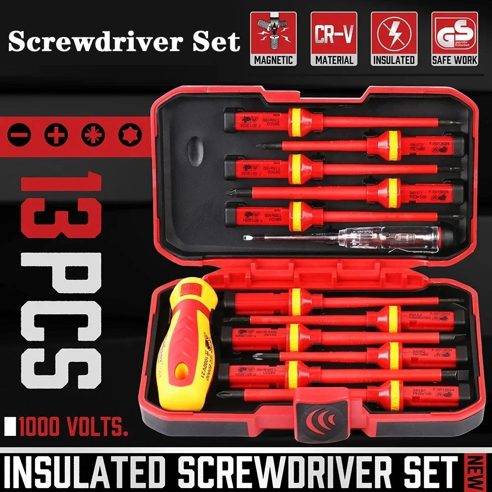 13/15pcs 1000V Electrician Repair Tools Kit Changeable Insulated Screwdrivers Set Magnetic Slotted Bits Repair Tool Electrician
