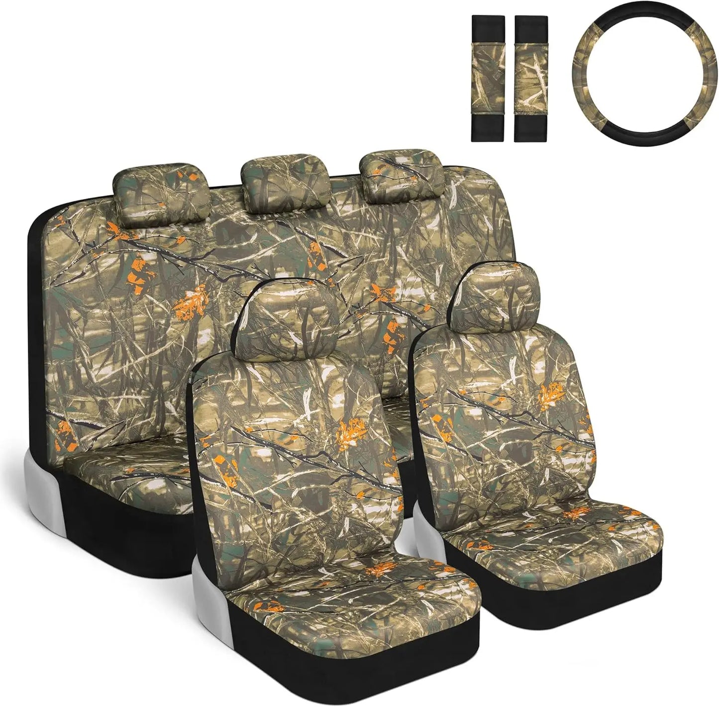 Forest Camo Car Seat Covers Full Set with Steering Wheel & Belt Covers for Cars Trucks SUV