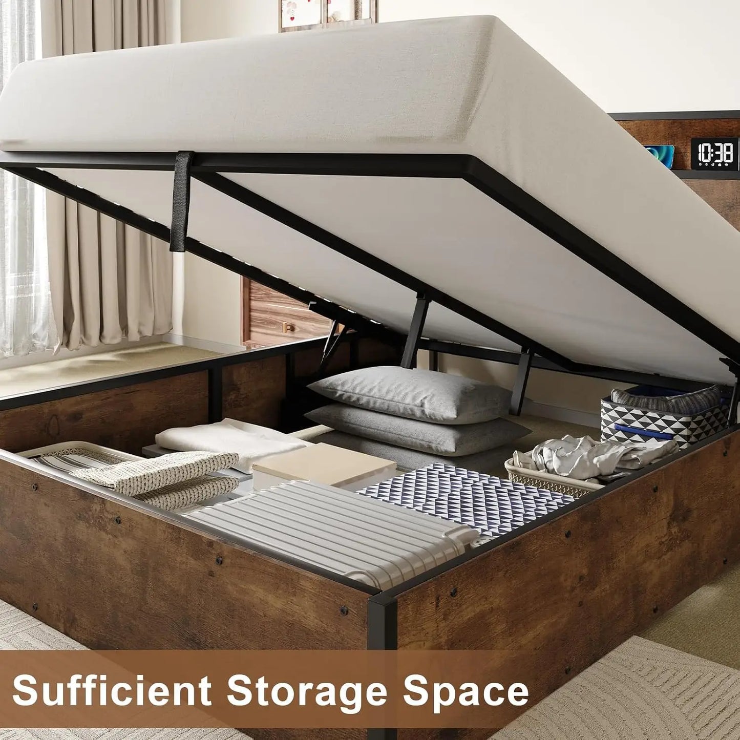 Full Size Lift Up Storage Bed Frame with Charging Station, Custom